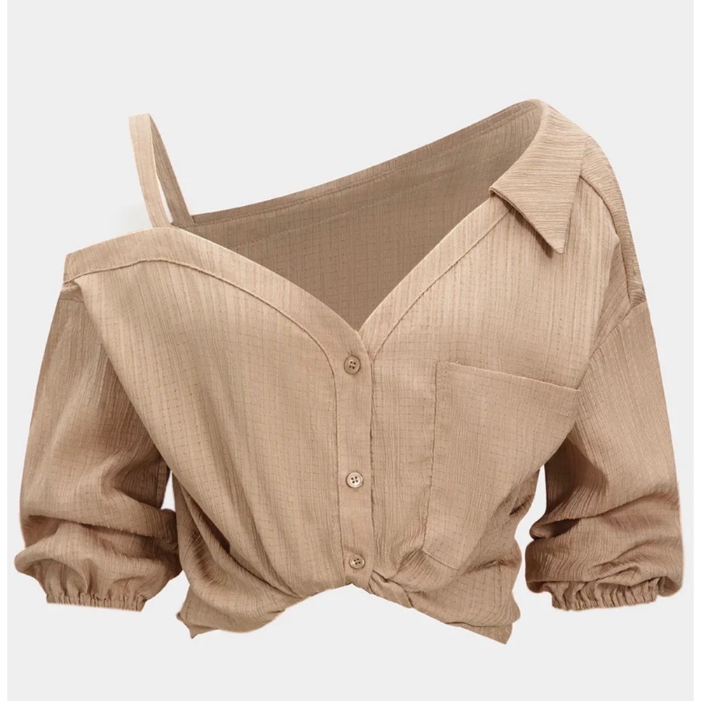 Micas Womens Asymmetrical Backless Long Sleeve Button Front Shirt Khaki Small